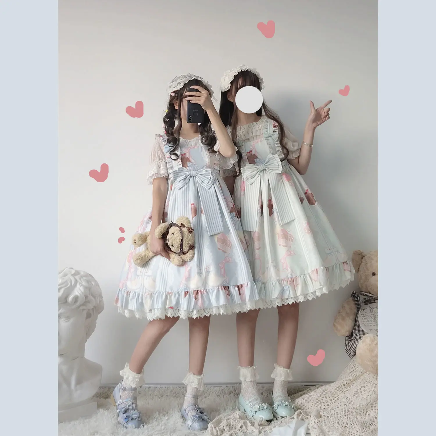 Japanese Style Kawaii Lolita Jsk Drsss Women Cute Cartoon Print Lace Bow Princess Dresses Girls Sweet Party Mini Dresses