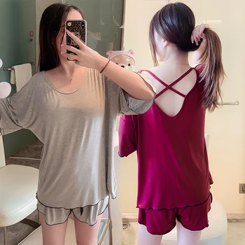 

2020 Summer Modal Short Sleeve Backless Sexy Seduction Pajama Sets for Women Loose Sleepwear Suit Pyjamas Homewear Home Clothes