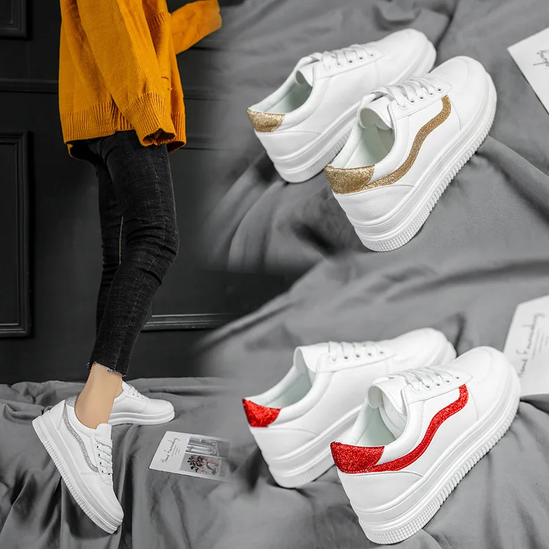 

White Shoes Women's 19 Thick Bottomed Platform Semi-high Heeled Korean-style Versatile Female Students Shoes Casual Sports Shoes
