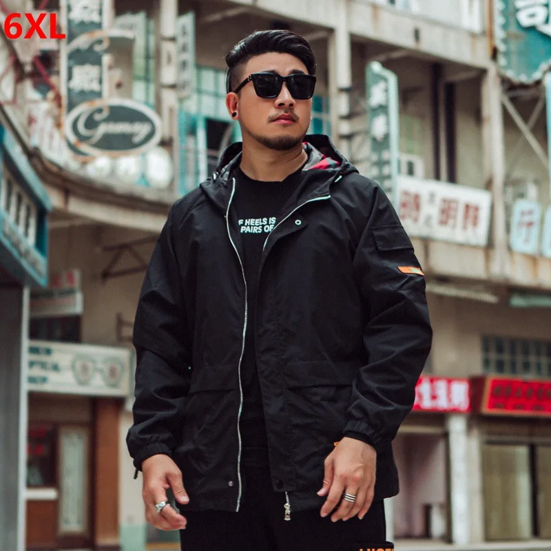 

Oversized man black jacket Hooded casual jacket plus size thin 6XL large size men's clothing big size 130kg