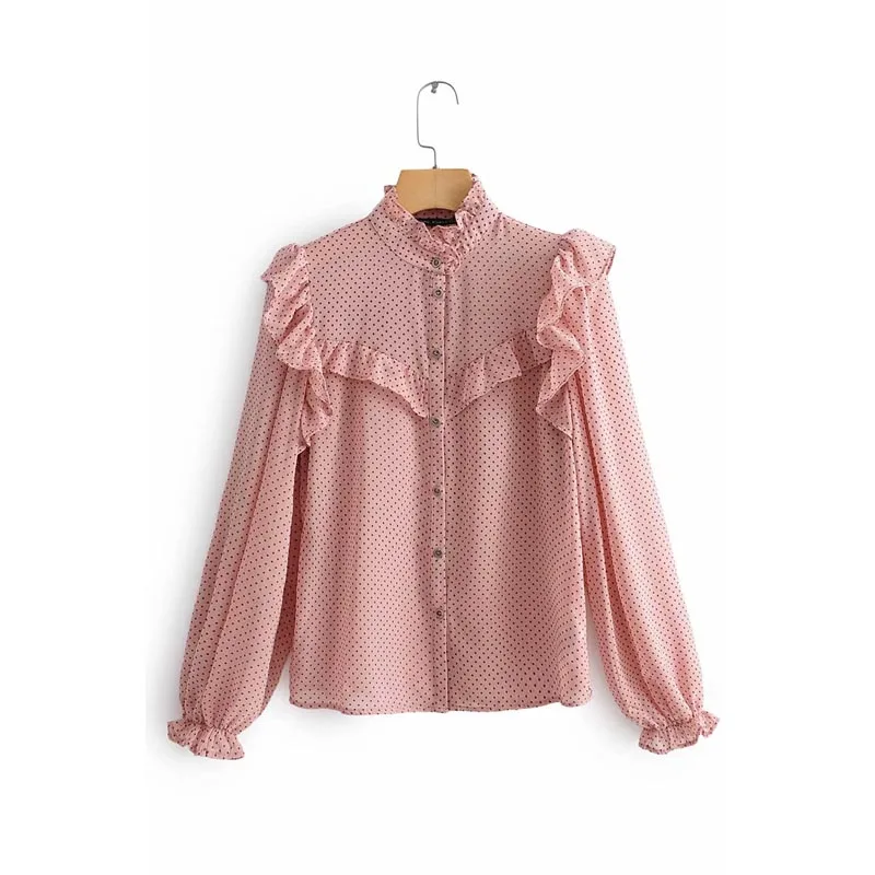 

CS904 New Autumn Fashion Ruffles Deco Stand Collar Dot Print Long Sleeve Blouse Ladies Match All Bottom Shirts Tops