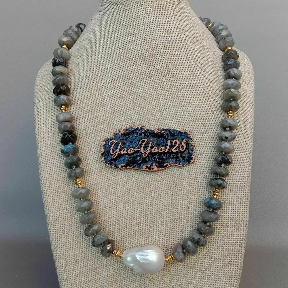

23'' Natural Rondelle Faceted Labradorite White Keshi Pearl Necklace