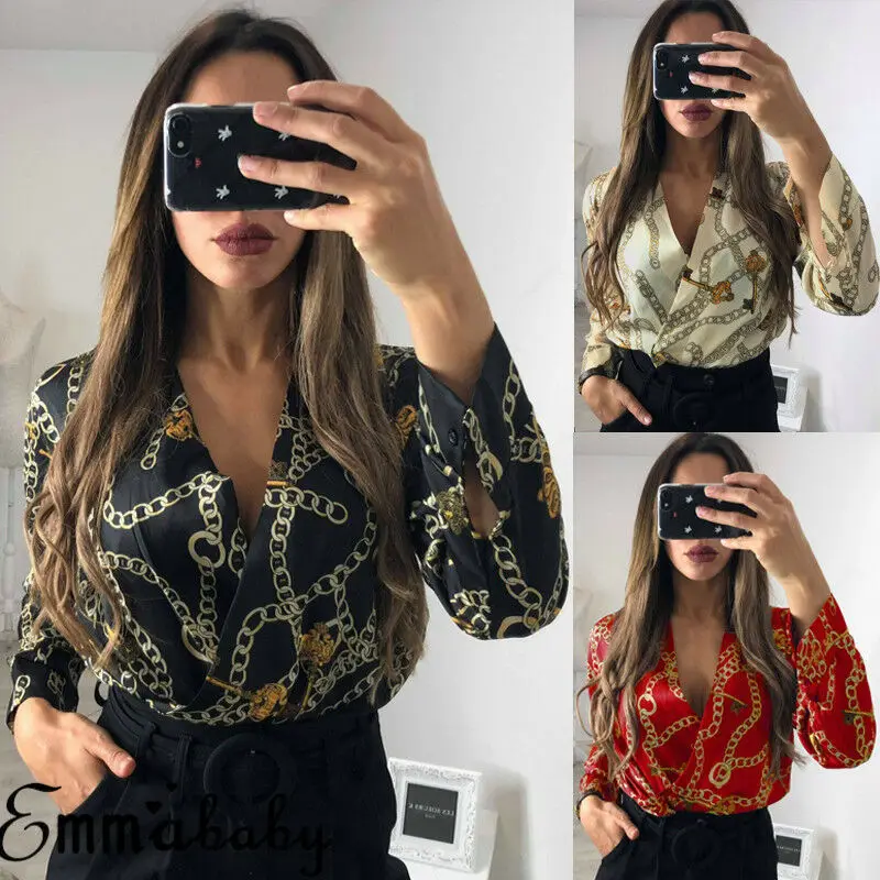 

New Women Ladies Sexy Print Long Sleeve V Neck Backless Hollow Out Silk Blend Wrap Bodysuit Leotard Jumpsuit