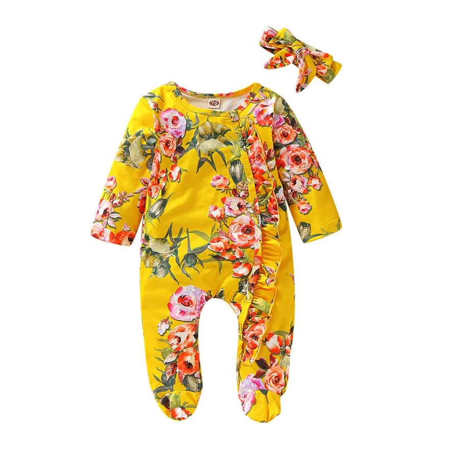 Одежда с длинными рукавами для малышей костюм с цветочным принтом, пижама с оборками и оборками на подоле, гусеничный костюм+ повязка на голову