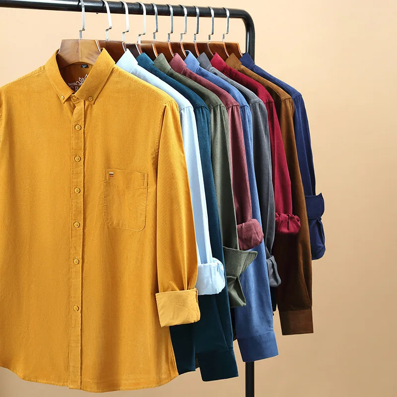 Cotton Shirt Long Sleeve Shirt Cotton Plus Size 7XL Corduroy Mens Casual Long Sleeve Regular Fit Business Dress Shirts For Male Comfortable Pocket
