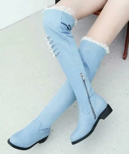 Womens Flat Over The Knee Jeans High 