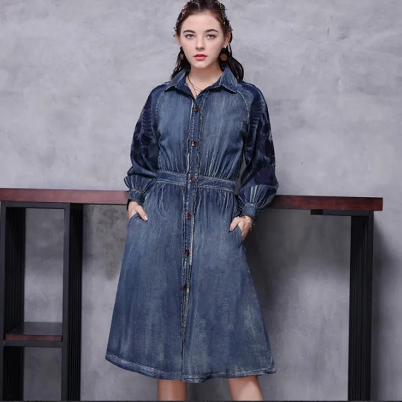 

Free Shipping 2022 Long Flare Sleeve Denim Dresses Women Long Knee Length S-XL Embroidery Vintage Chinese Style Single Breasted