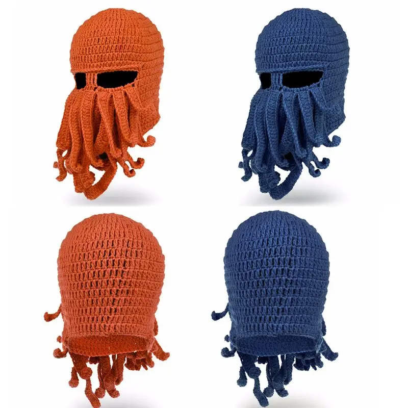 Men Women Creative Funny Tentacle Octopus Knitted Hat Long Beard Beanie Cap Balaclava Winter Warm Halloween Costume Cosplay Mask