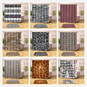 

Stone Brick Wall Bathroom Set Bath Shower Curtain Bath Mat Toilet Cover U Shape Step Pad Garden Background Wall Decoration Scree