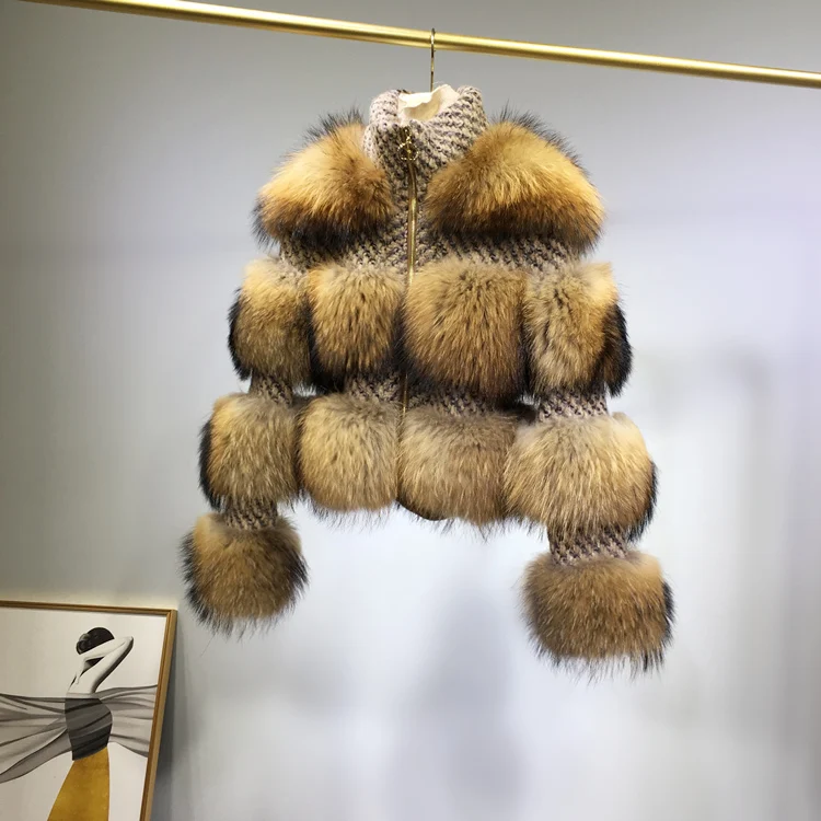 Rf1930X модная кожаная куртка-бомбер из натурального меха на молнии, куртка из натурального меха енота, шерстяное пальто в полоску для женщин