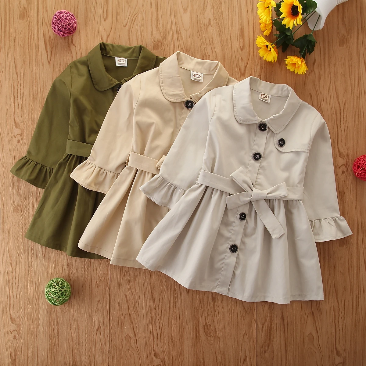 2-7T Infant Kids Baby Girl’s Solid Trench Coat Girl Fashion British Style Single-breasted Lapel Bandage Long-sleeved Autumn Coat