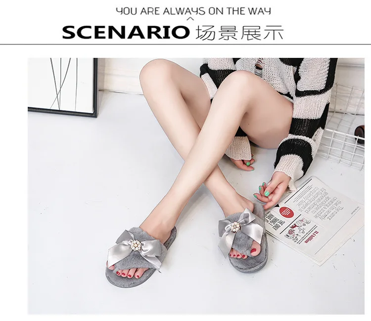 Women's Bow Slippers Flat Bottom Non-Slip Home Warm Clip-Toe Cotton Flip Flops Women indoor Plush flip flops shoes woman y377