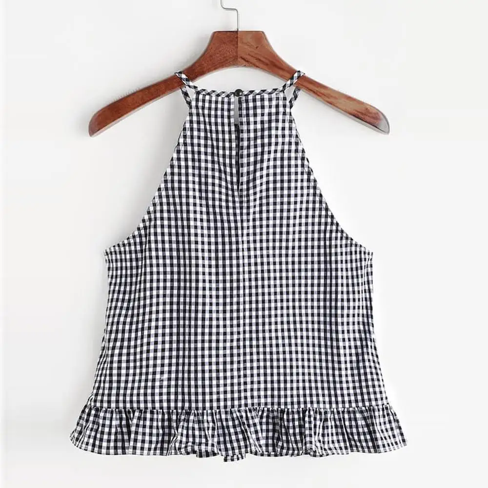 

Sexy Ladies Summer Tops Tee Shirts Women Sleeveless Gingham Buttoned Keyhole Back Frill Halter Tank Tops mujer verano 2019 TC3M