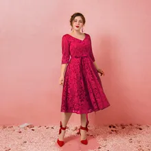 ТРАПЕЦИЕВИДНОЕ платье длиной до середины икры размера плюс для выпускного вечера элегантное платье цвета фуксии с аппликацией и v-образным вырезом с бантом и поясом, вечерние платья с рукавами 3/4