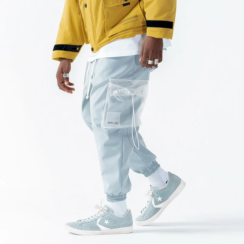 Оригинальные уличные модные повседневные брюки мужские осенние Новые ТПУ прозрачные карманы уплотненные закрытые свободные штаны длиной до щиколотки