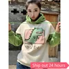 Merry Pretty Women Dinosaur Sweatshirts Hooded Warm Fleece Hoodies Pullovers With Horns Harajuku Hooded Girls Teens Green Hoodie ► Photo 3/6