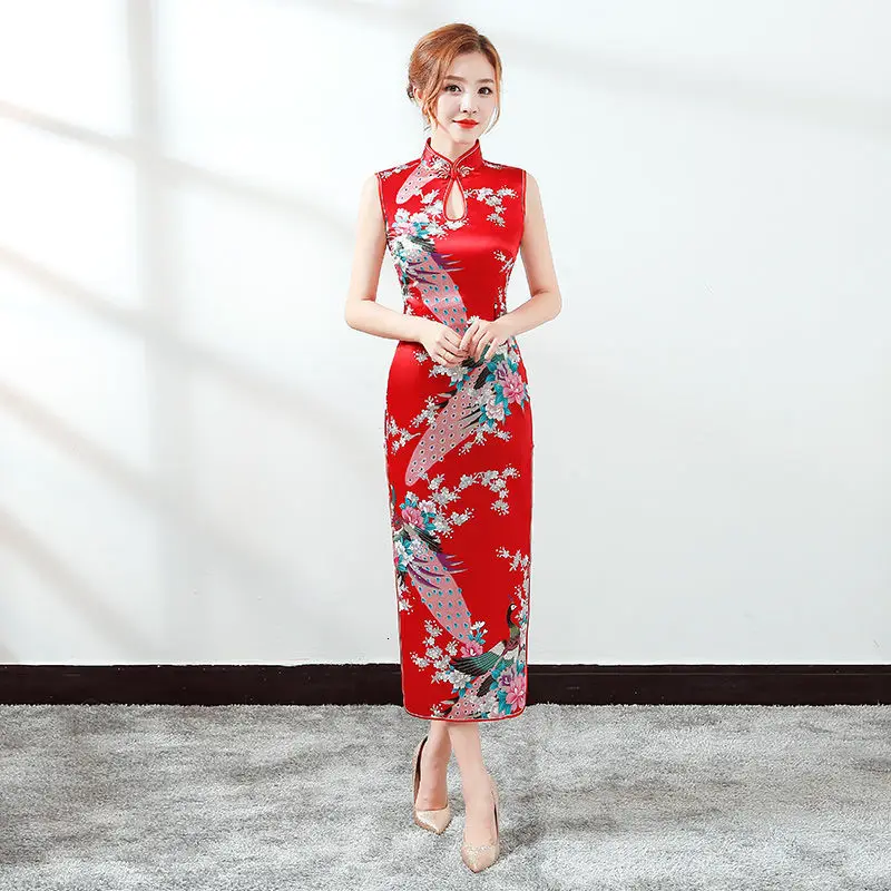 Cheongsam Long Fund улучшит код Go отличное платье Чонсам Танцевальный Костюм танцевальная юбка для выступлений - Цвет: Red Peacock Flower