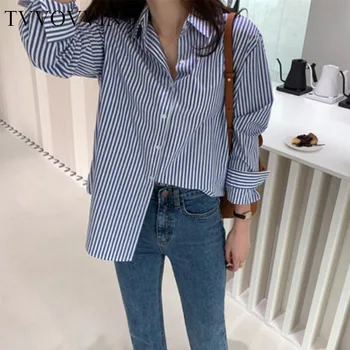 

Korea 2020 Blue and white vertical striped shirt women's long sleeve 2020 loose mid-length all-match casual shirt famale1FYH