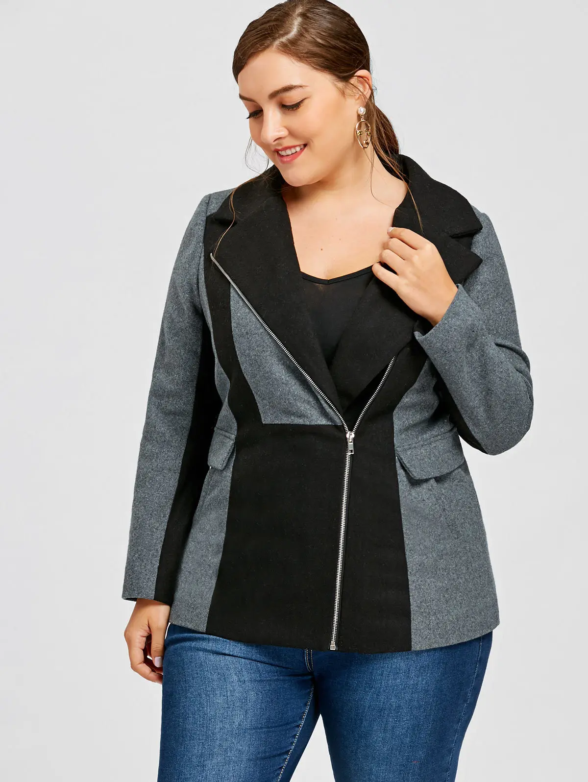 

2021 Women's Autumn Oversized Coat Side Zipper Pocket Black and Gray Stitching Wool Coat Fashion Simple Warm winter Windbreaker