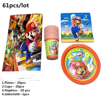 

61pcs/lot Happy Birthday Events Party Tablecloth Baby Shower Super Mario Theme Napkins Tableware Set Decorations Plates Cups