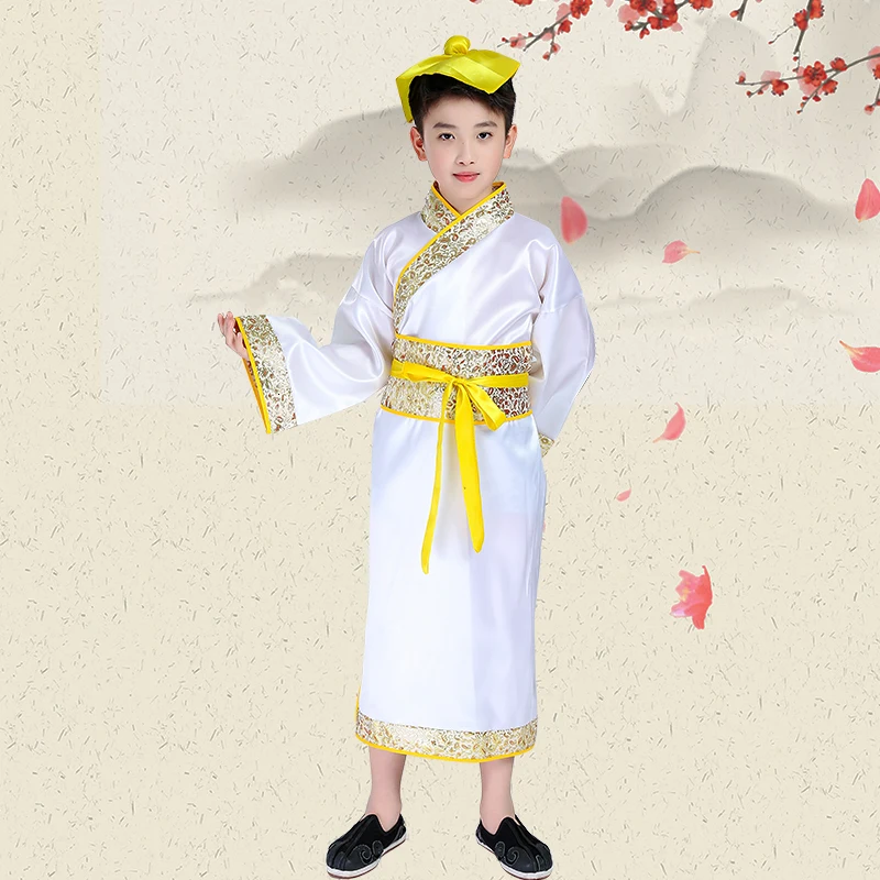 Детский традиционный старинный китайский Hanfu карнавальный наряд народного танца Костюм Книги по истории культуры, для выступлений на сцене Костюмы для девочек - Цвет: Yellow boy