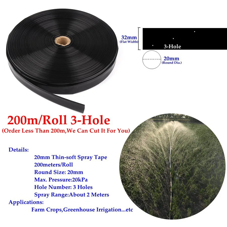 3-Hole Tape 100 м~ 5 м 3/" Φ20 мм тонкая-мягкая распылительная лента для сельскохозяйственных культур, шланг для микроорошения, распылительная капельная лента для полива овощей, гибкая водопроводная трубка - Цвет: 3-Hole Tape