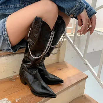 comprar Mulheres Negras Botas Altas Botas Longas Botas Meados De Bezerro Joelho Alta Punk 2020 Senhoras De Inverno Quente Moda Plataformas Sapatos Decoração Corrente Goth