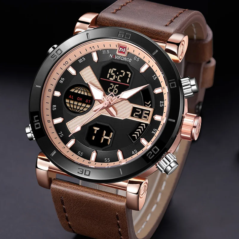 NAVIFORCE Men Watch Top Brand Luxury Sport Chronograph Digital Male Clock Genuine Leather LED Military Quartz Wristwatch 9132 |