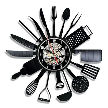 

Cutlery Wall Clock Modern Design Spoon Fork Clock Kitchen Watch Vintage Retro Style Vinyl Record Wall Clocks Home Decor Silent