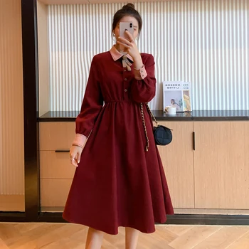 

9918# Autumn Winter Korean Fashion Maternity Party Long Dress Slim Waist Elegant Loose Clothes for Pregnant Women Pregnancy Wear
