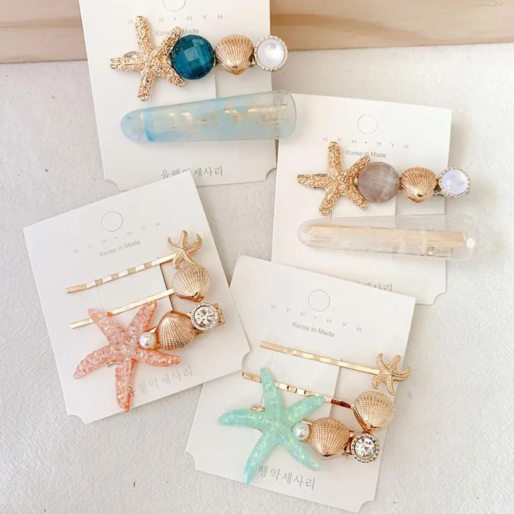 

SANWOOD 2/3Pcs Fashion Starfish Shell Imitation Pearl Hairpins Metal Duckbill hair clips for Girls women Barrettes Headwear