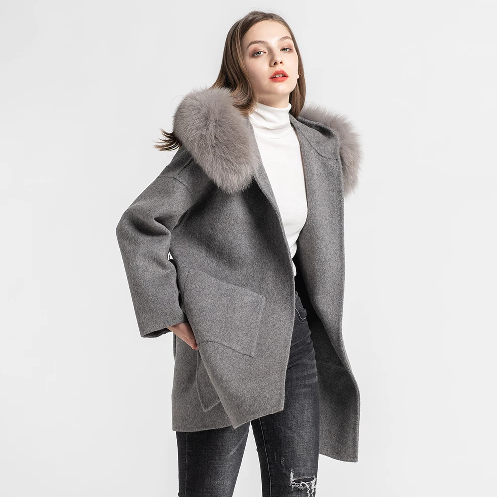 Женские модные пальто из натуральной шерсти, воротник из натурального меха лисы, куртки из натурального кашемира, верхняя одежда с капюшоном S7494