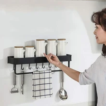 【Ships From: Ru】Kitchen free perforated space aluminum wall-mounted spice rack seasoning bottle black single-layer storage rack