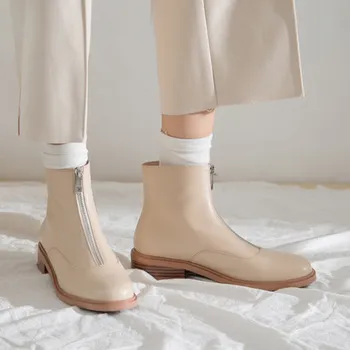 

Net red autumn and winter front zipper low heel leather Martin boots female casual round head boots fashion