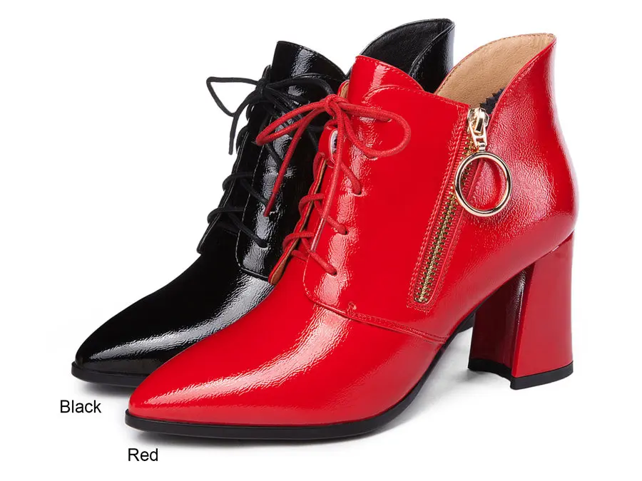 Зимние женские Ботинки martin на молнии в британском стиле; Цвет Черный; из искусственной кожи; с плюшем; с острым носком; на высоком квадратном каблуке; повседневные офисные женские ботильоны на шнуровке