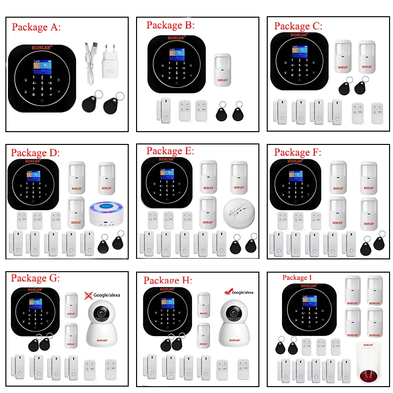 KONLEN Tuya wifi GSM сигнализация Охранная домашняя беспроводная сенсорная lcd умная камера детектор дыма датчик двери Google Alexa управление