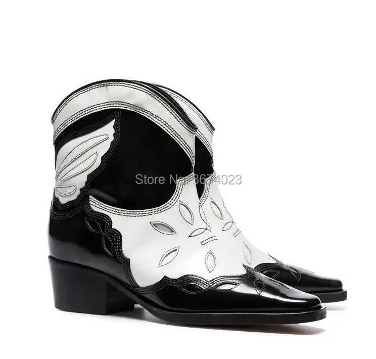 Qianruiti; chaussures femme; ботильоны в ковбойском стиле в стиле ретро; женские ковбойские ботинки без шнуровки на не сужающемся книзу массивном низком каблуке