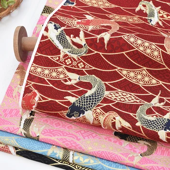 

Japan vintage blue/red/gold Lattice squid fish 100% cotton bronzed fabric for DIY Bag kimono/Girdle/Headband1 order=0.5meter