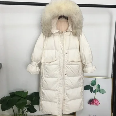Down Jacket Women's Mid-length New Style Korean-style over-the-Knee Large Fur Collar White Slim Fit Hooded Coat Fashion