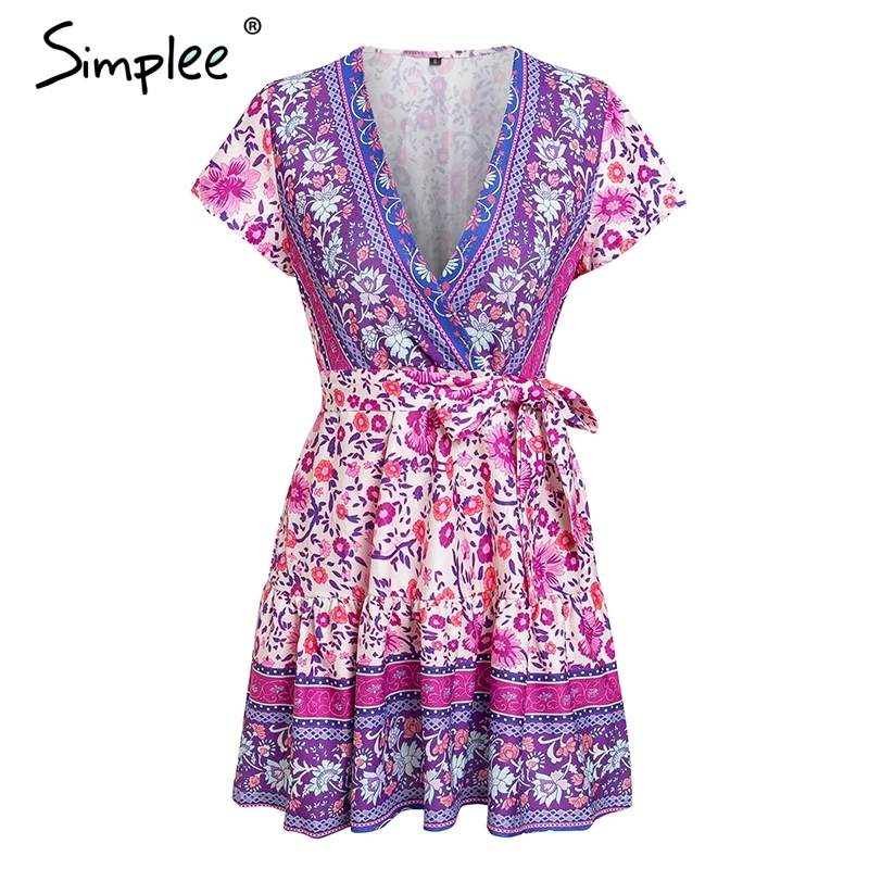 

Simplee Sexy v-neck purple women dress Short sleeve sashes summer plus size dresses Vintage boho print mini ladies vestidos 2019