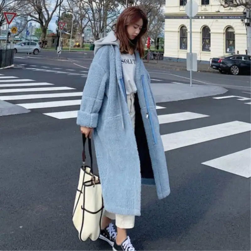 blue Свободные овечья шерсть куртка женская с капюшоном длинное пальто зимние парки теплая хлопковая женская зимняя куртка Пальто Повседневная Верхняя одежда C5767 - Цвет: blue
