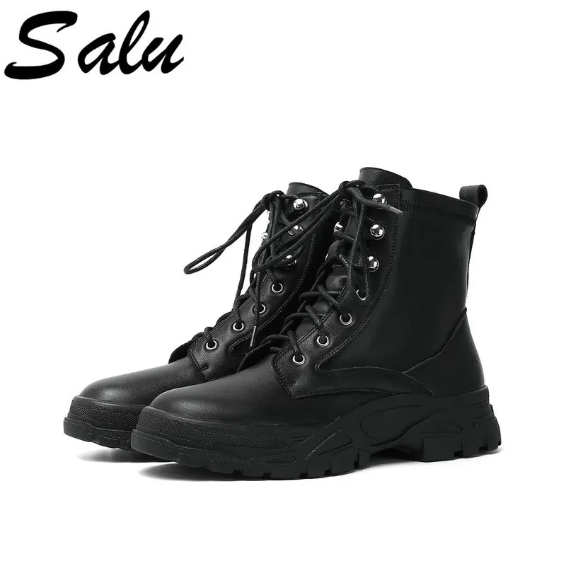 

Salu Warm Comfortable Winter Riding Boots Genuine Leather Cross Tied Platform Heels Short Women Ankle Boots Party Shoes Woman