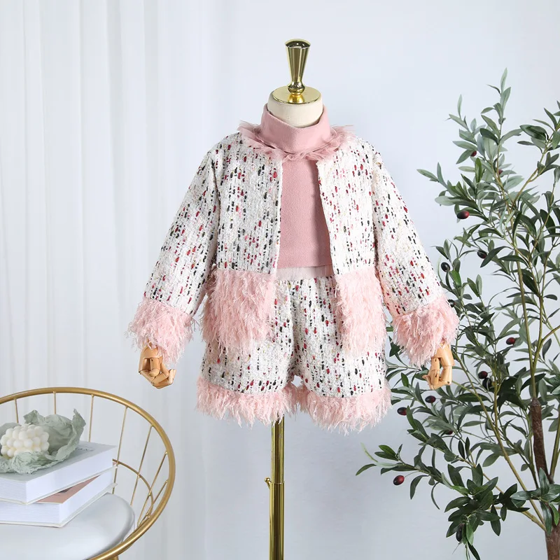 

2019 autumn new girls small fragrance long-sleeved shorts set mesh tassel side two-piece sets