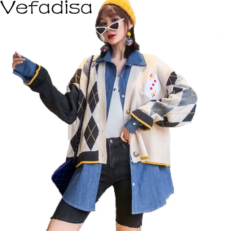 ^*Best Offers Vefadisa Winter Cardigan Sweater Fake Two Pieces For Woman Patchwork Denim Sweater Embroidery Print Knitting Coat QYF1058 ^*Best Offers Vefadisa Winter Cardigan Sweater Fake Two Pieces For Woman Patchwork Denim Sweater Embroidery Print Knitting Coat QYF1058