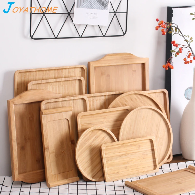 

Japanese Style Bamboo Storage Tray Tea Cup Tray Wooden Rectangle Round Plate Kitchen Organizer Tray for Food Party Trays