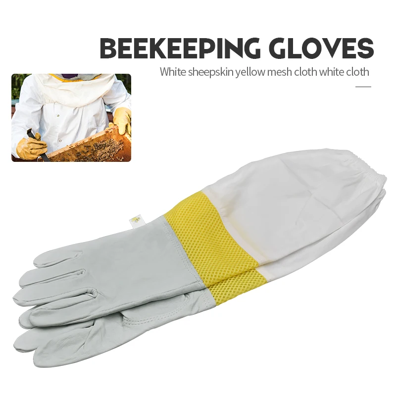 

Brand White Sheepskin Yellow Mesh Cloth White Bee Glove Ventilated Professional Anti Bee for Apiculture Beekeeper Beehive