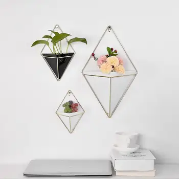 

Flower Pot + Iron Plant Holders Set Indoor Hanging Planter Geometric Vase Wall Decor Container Succulents Plant Pots
