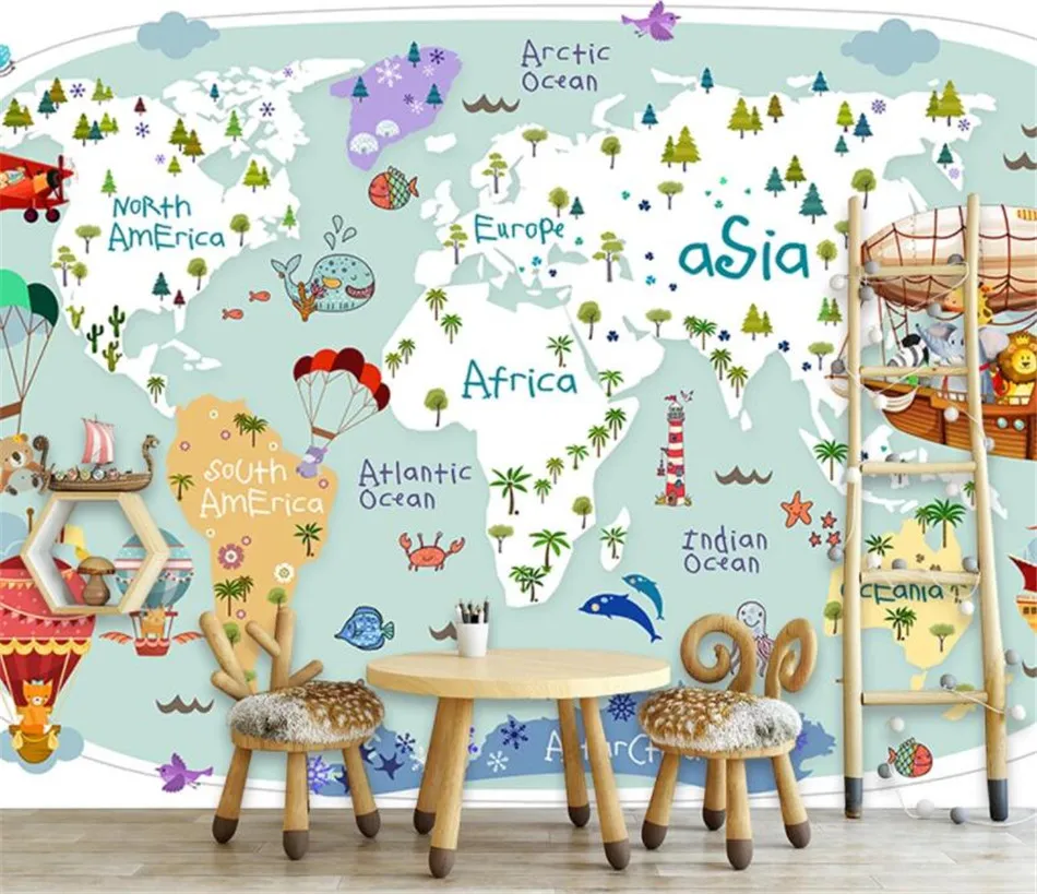 Nordic Cartoon Children’s Room Wall Paper 3D Animal Travel Around The