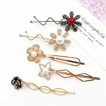 

5PCS Hair Clips Vintage Rhinestone Inlay Metal Flower Manmade Pearl Hair Pins Barrettes for Girls