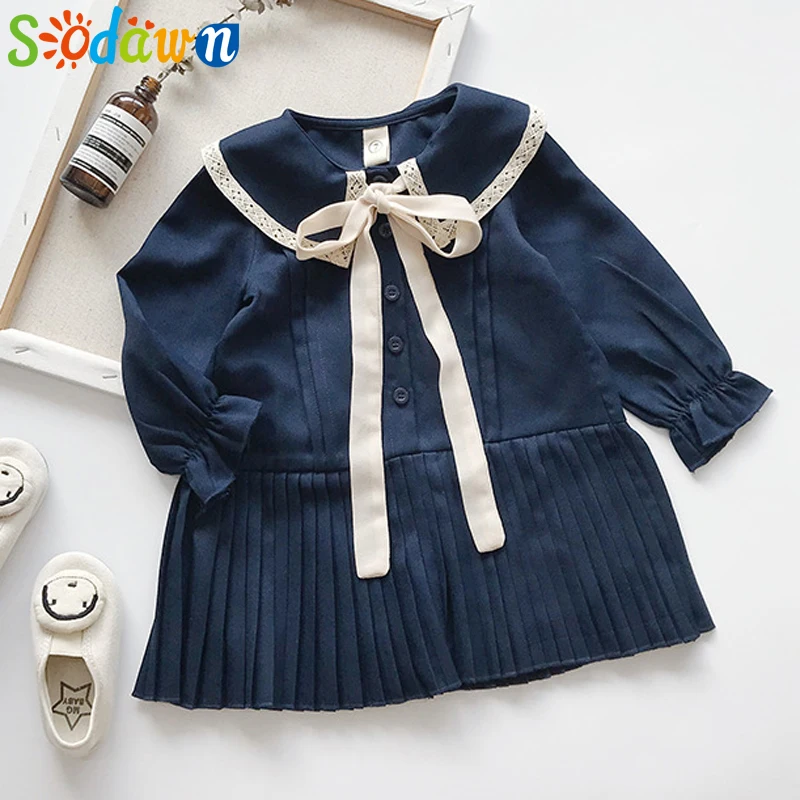 Sodawn/ г. Весеннее новое платье для маленьких девочек модное милое газовое праздничное платье принцессы с круглым вырезом, бантом и манжетами детская одежда